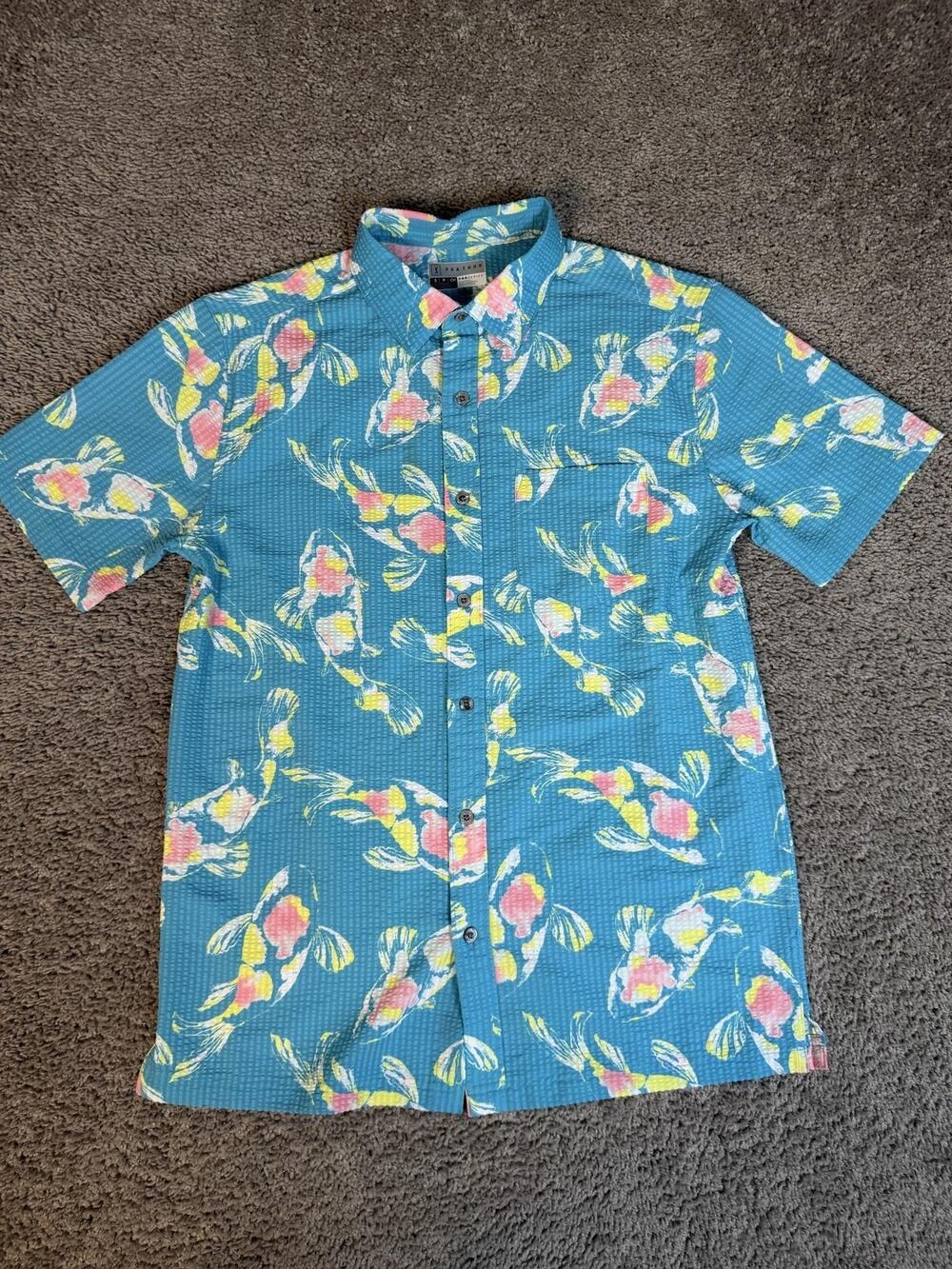 PGA TOUR Shirt Mens S Blue Koi Fish Textured Short Sleeve Button Up Pockets
